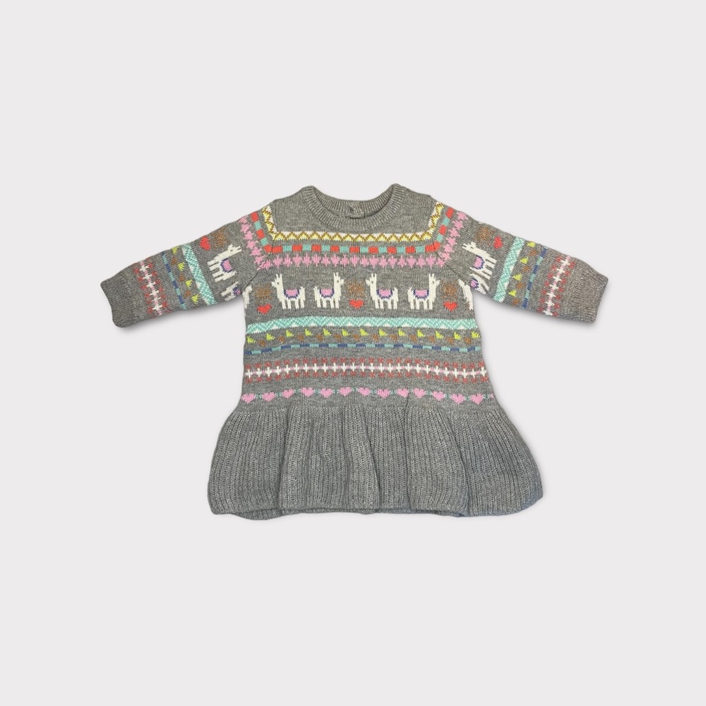 Gap Llama Fair Isle Festive Gray Ribbed Knit Dress - Picture 2 of 4